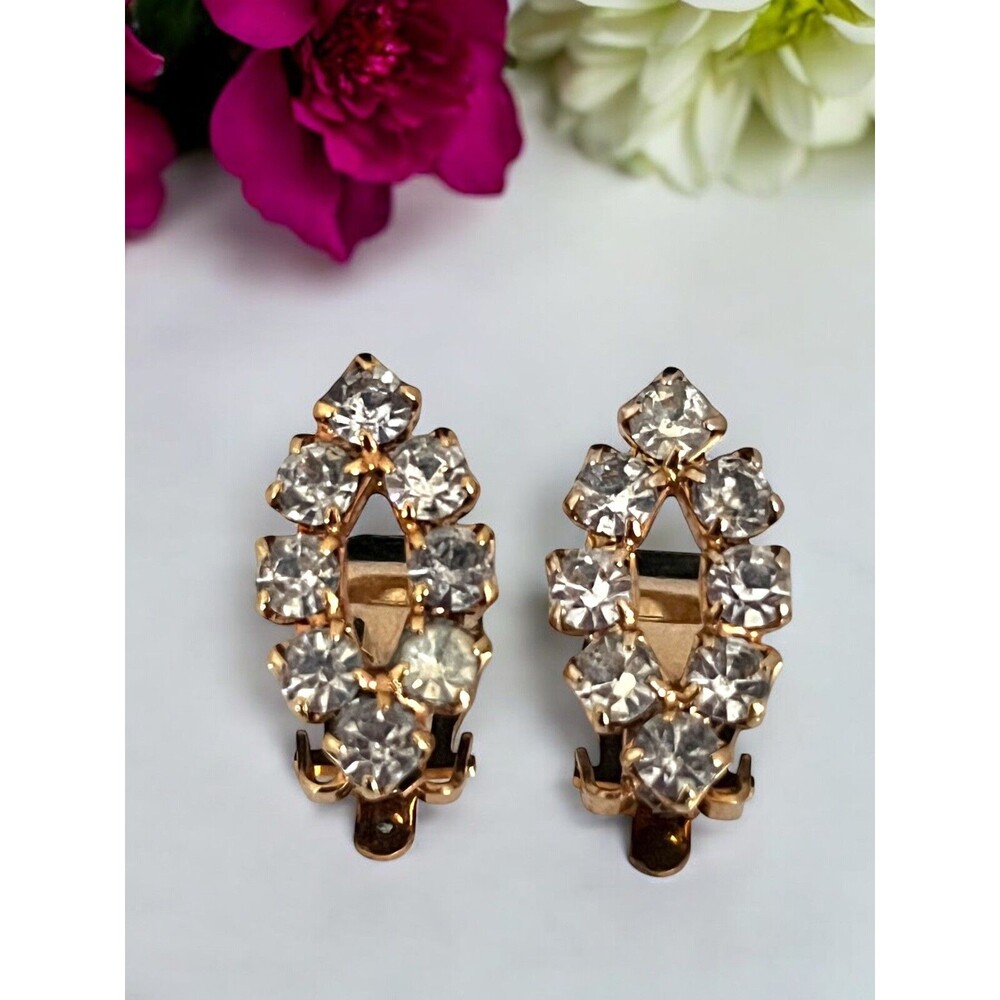 Vintage 1960s Park Lane Rhinestone Clip Earrings Clear Crystal Gold Tone - 9L